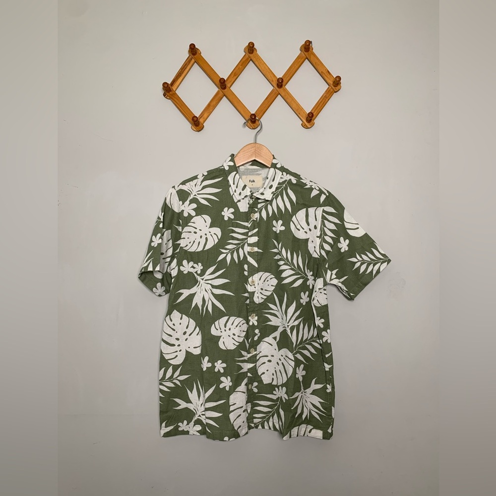 NWT Men’s Folk Monstera Print Cotton Green/White Kingston Shirt SZ M